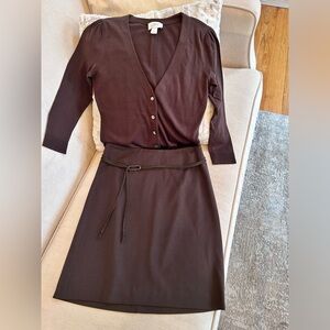 Ann Taylor Brown Knit Sweater and Skirt Set with Braided Belt